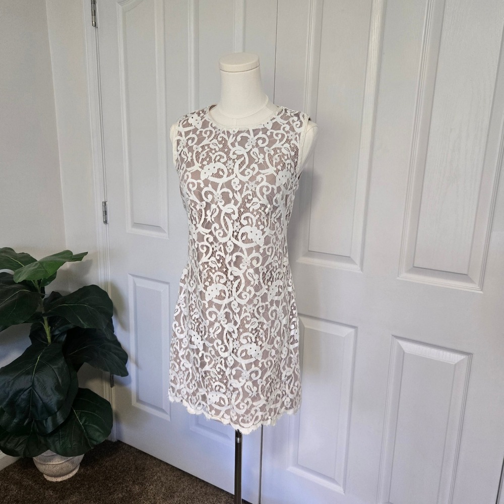 Ann Taylor LOFT‎ Dress Womens 2 Ivory Tan Floral Lace Sleeveless Shift Mini